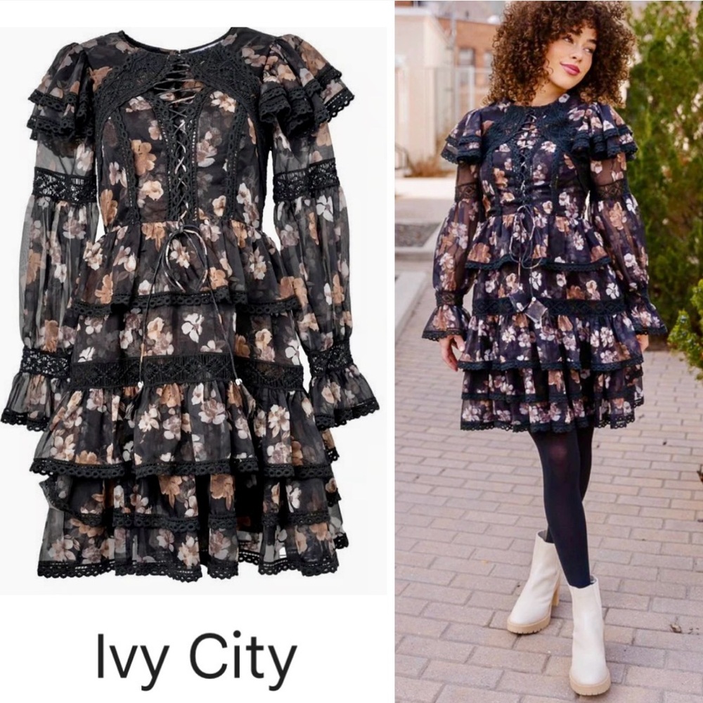 Ivy City Co Black Floral Long Sleeve Dress